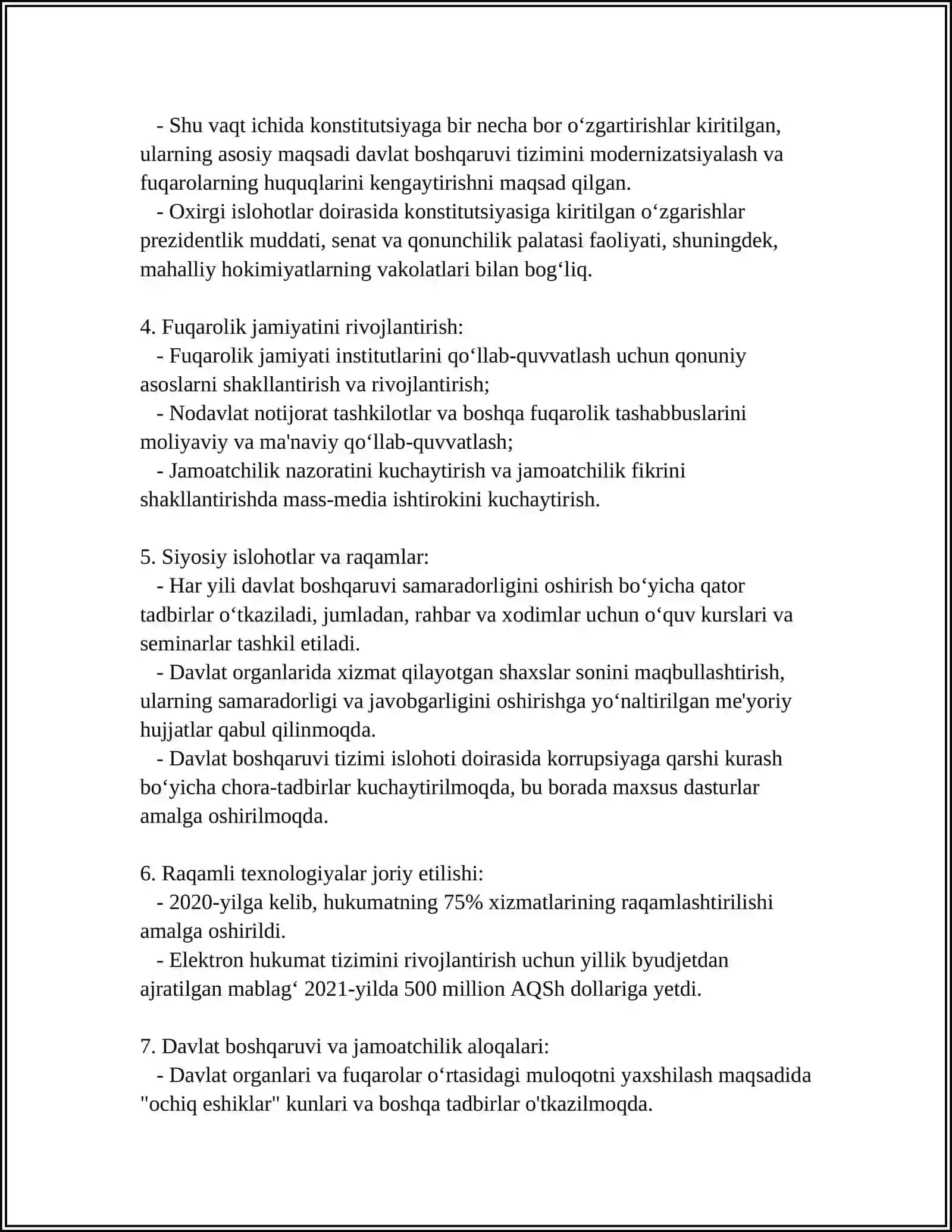 MUSTAQILLIK YILLARIDA DAVLAT BOSHQARUVI TIZIMIDA AMALGA OSHIRILGAN ISLOHOTLAR 4