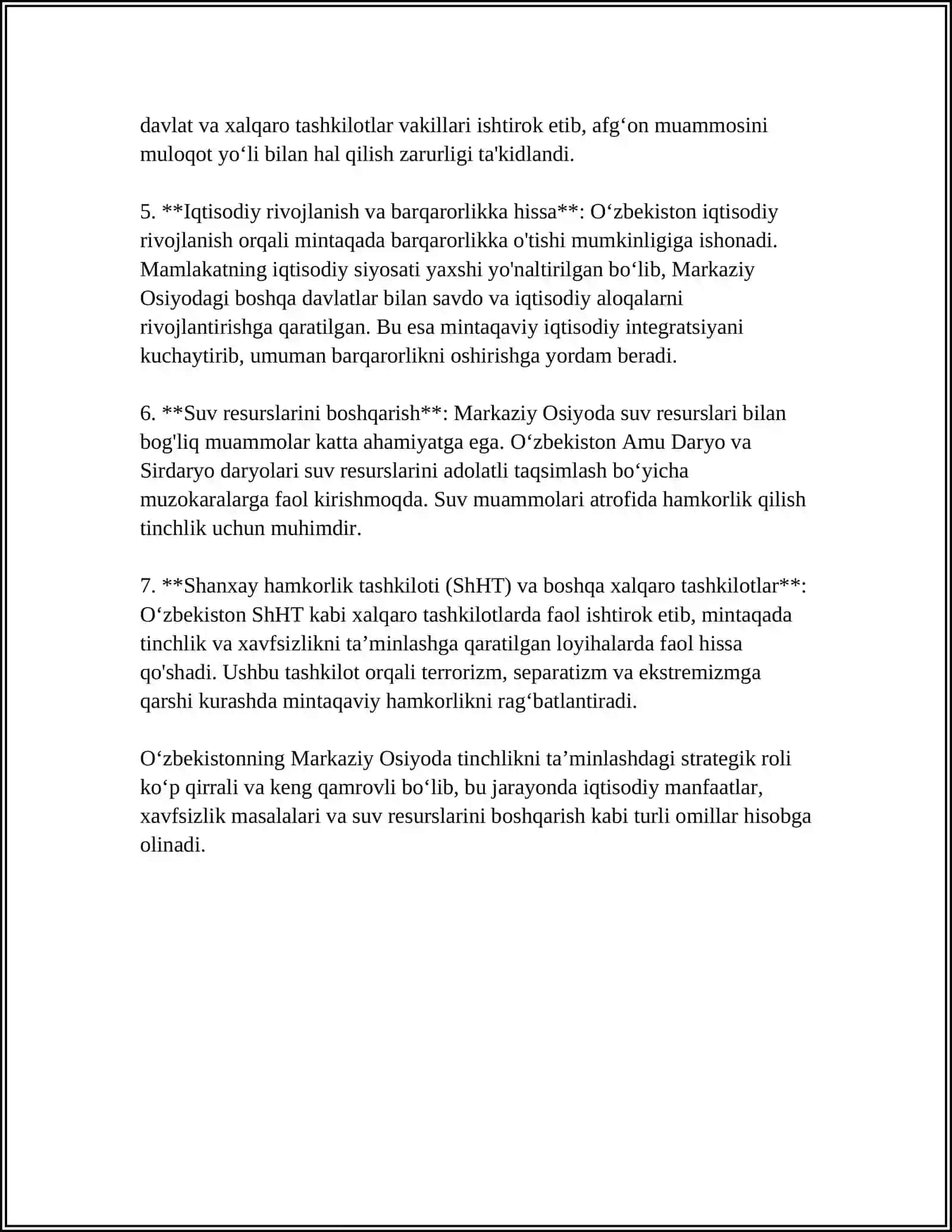 OʻZBEKISTONNING MARKAZIY OSIYODA TINCHLIK VA BARQARORLIKNI TAʼMINLASHDAGI OʻRNI 4