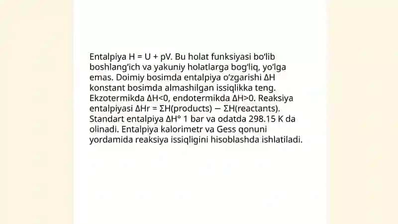 Termokimyo. Gess qonuni. Kirgoff qonuni. Issiqlik sigʻimi va uning xillari. Xarakteristik funksiyalar 4