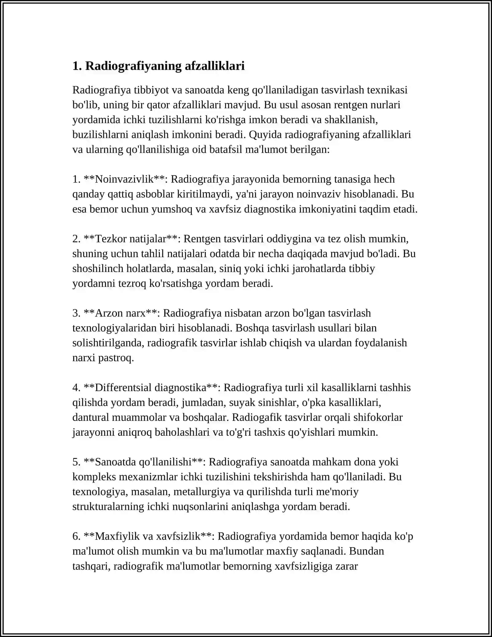 OSHQOZON-ICHAK TRAKTINI O'RGANISHNING RADIATSIYA USULLARI (RADIOGRAFIYA, BARIY SULFATLI FLOROSKOPIYA, SONOGRAFIYA, RADIONUKLID SINTIGRAFIYASI, KT, MRI) AFZALLIKLARI, KAMCHILIKLARI VA AMALGA OSHIRISH UCHUN KO'RSATMALAR 4