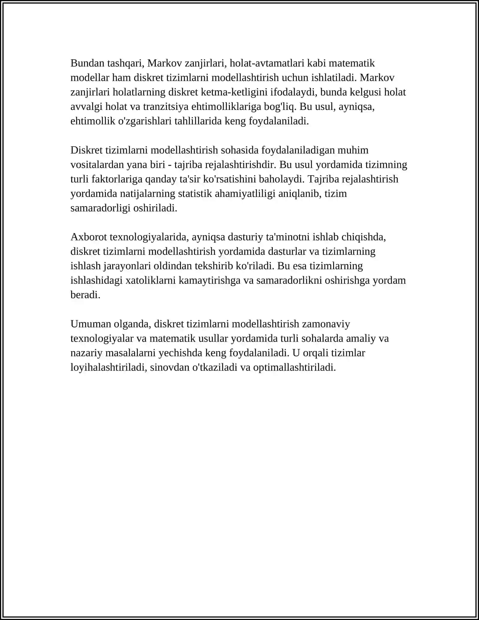 MUSTAQIL ISH Mavzu: DISKRET VA UZLUKSIZ TIZIMLARNI MODELLASHTIRISH 4