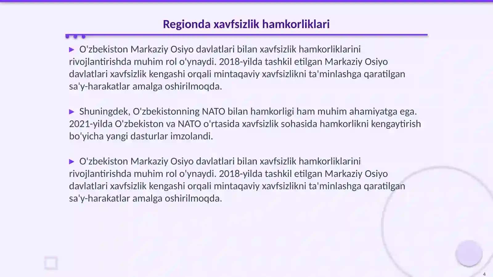 Ózbekistonning Markaziy Osiyoda tinchlik va barqarorlikni taminlashdagi órni 4