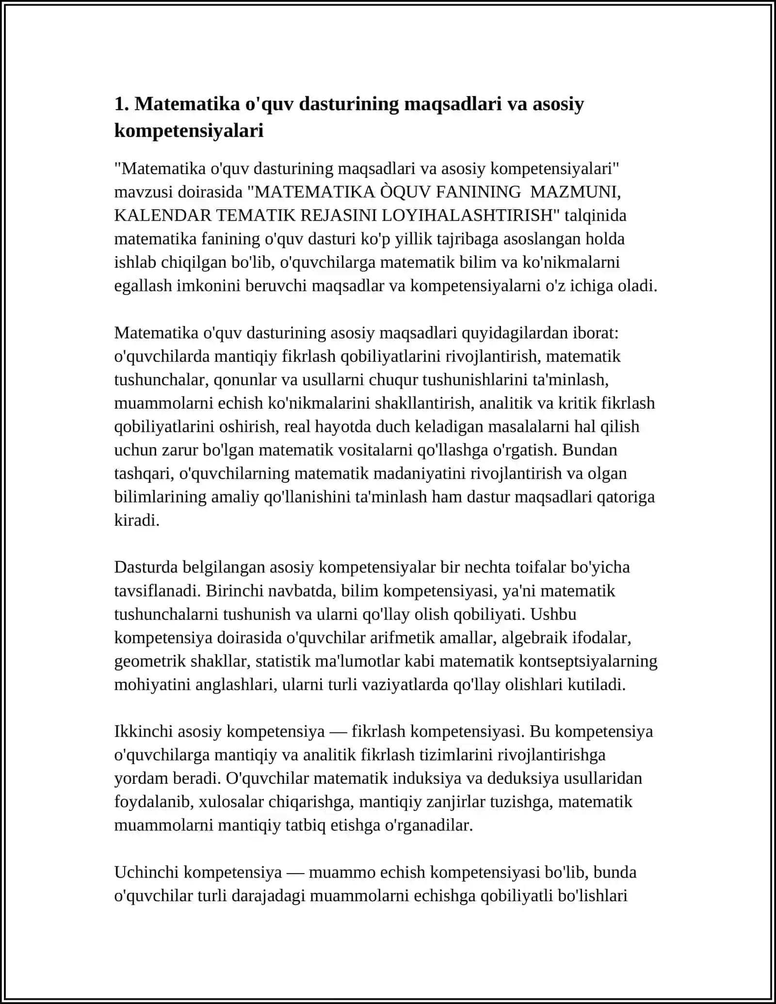 Matematika Òquv Fanining Mazmuni, Kalendar Tematik Rejasini Loyihalashtirish 4