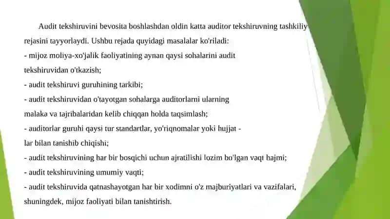 Auditorlik tekshiruvining tashkiliy asoslari, audit strategiyasi va texnologiyasi 4