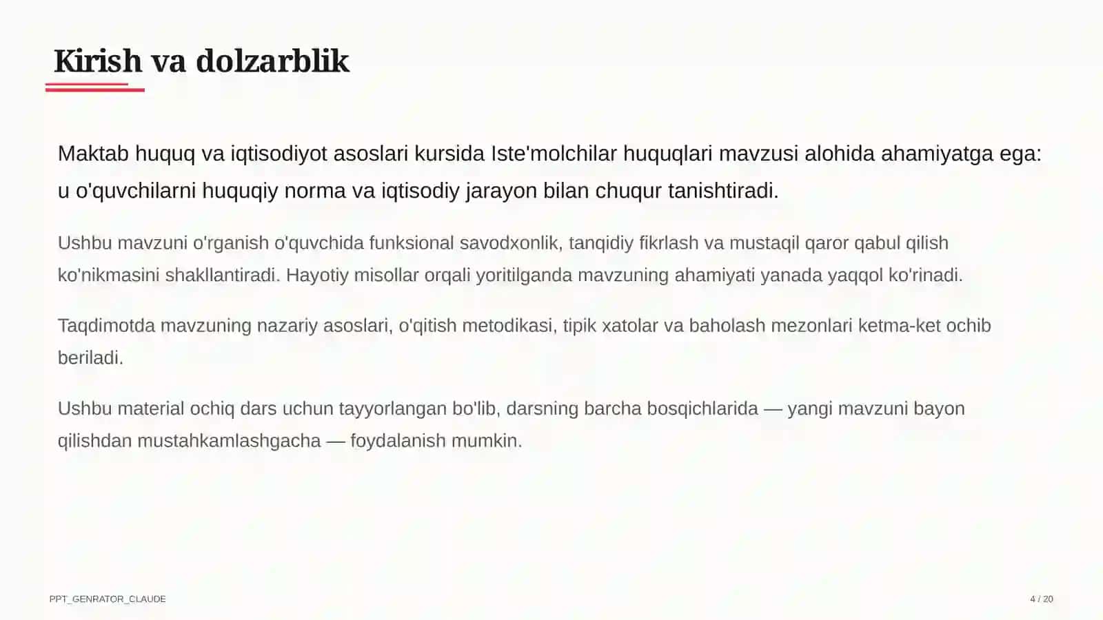 Huquq va iqtisodiyot asoslari (9–11) — ochiq dars uchun 4