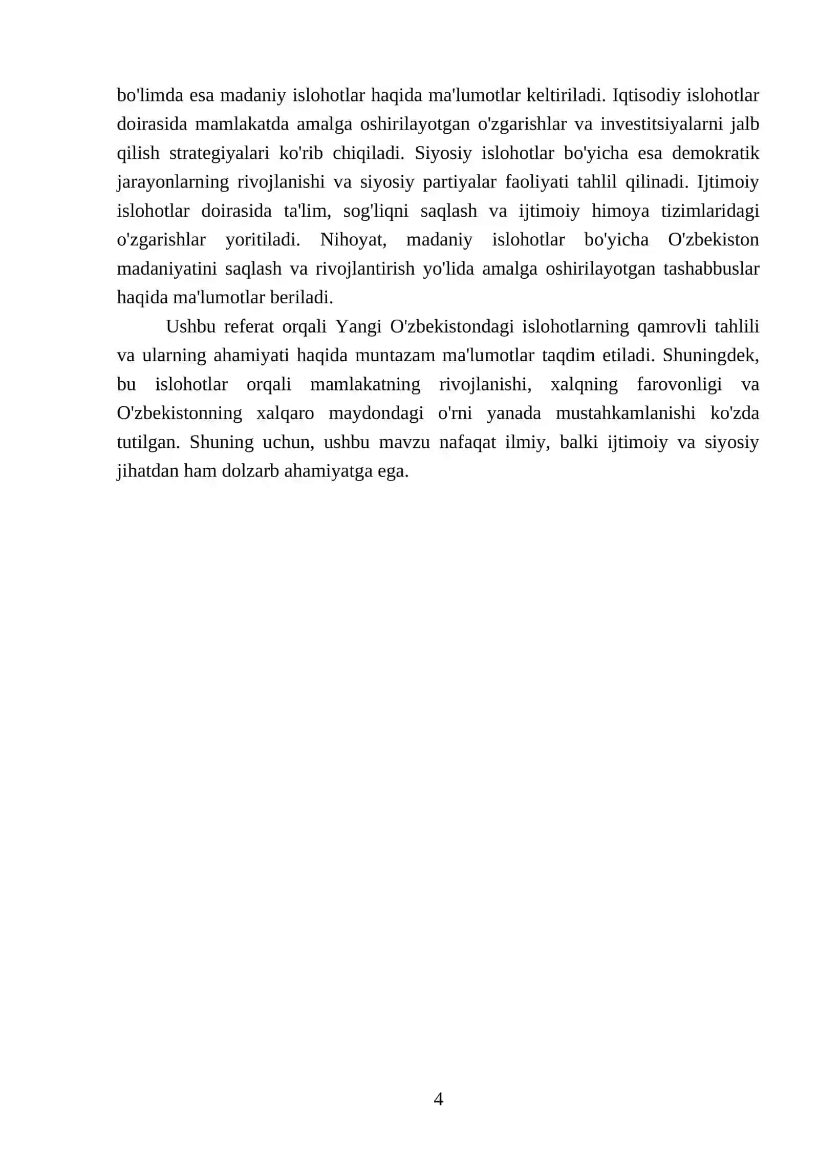 Yangi O'zbekistonda prezident Sh.M.Mirziyoyev rahbarligi va tashabbusi ostida amalga oshirilayotgan islohotlar 4