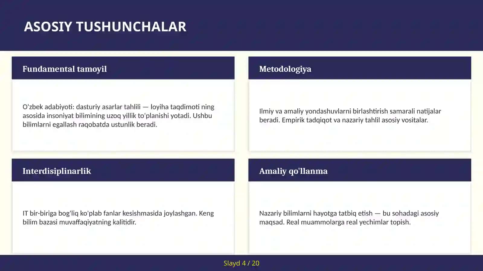 O'zbek adabiyoti: dasturiy asarlar tahlili — loyiha taqdimoti 4
