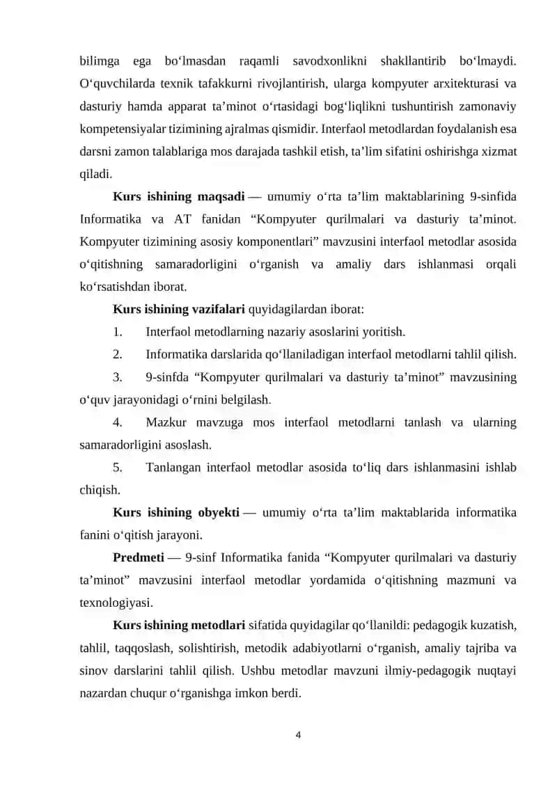 Umumiy orta talim maktablarining 9-sinfida Informatika va AT fanidan “Kompyuter qurilmalari va dasturiy taʼminot. Kompyuter tizimining asosiy komponentlari” 4