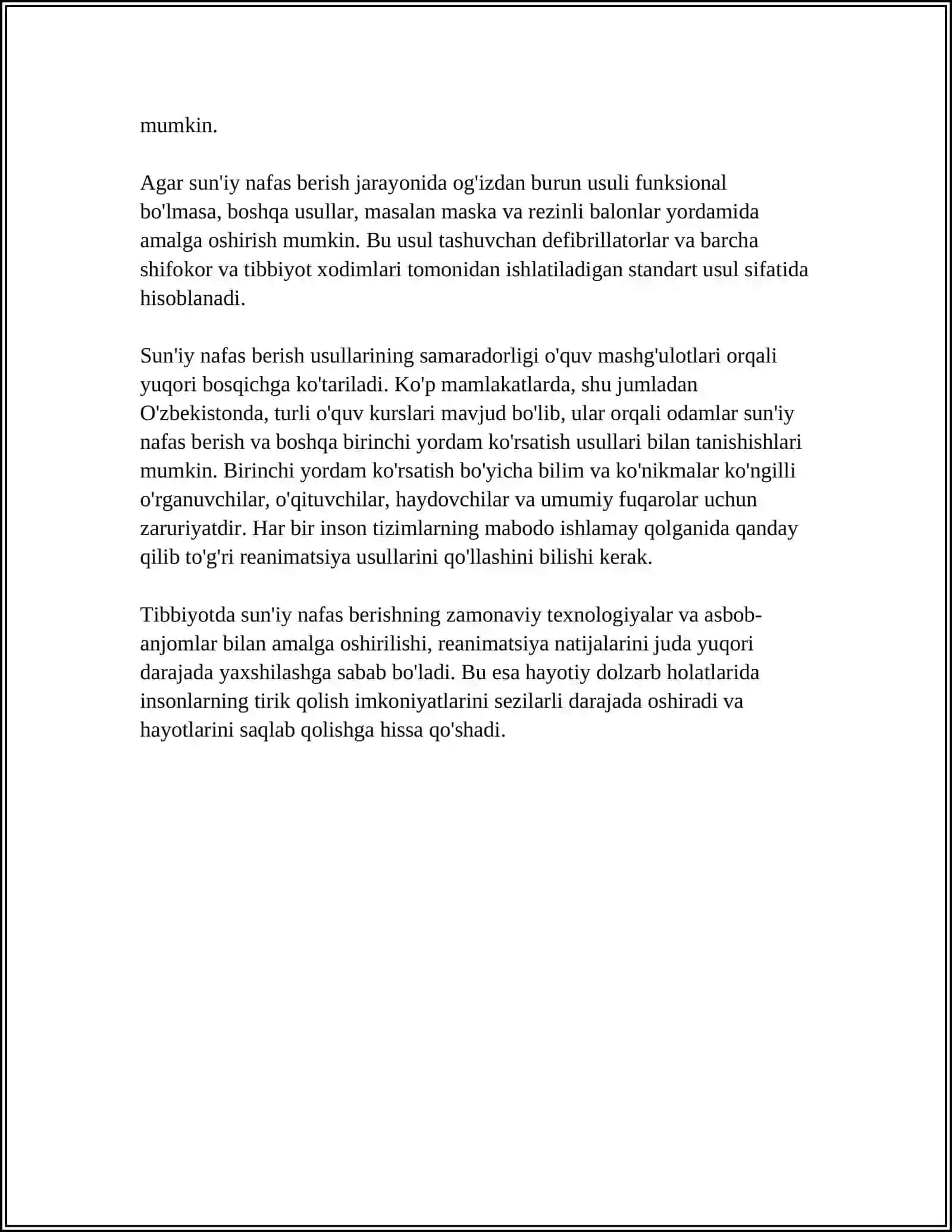 SUN’IY NAFAS BERISH VA YURAKNI MASSAJ QILISH (BIRINCHI YORDAM BERISH) USULLARINI O’RGANISH 4