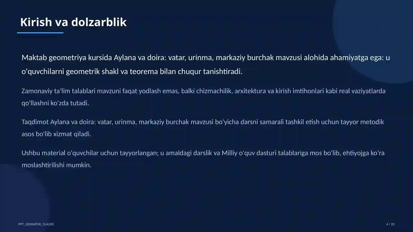 Aylana va doira: vatar, urinma, markaziy burchak (8-sinf) 4