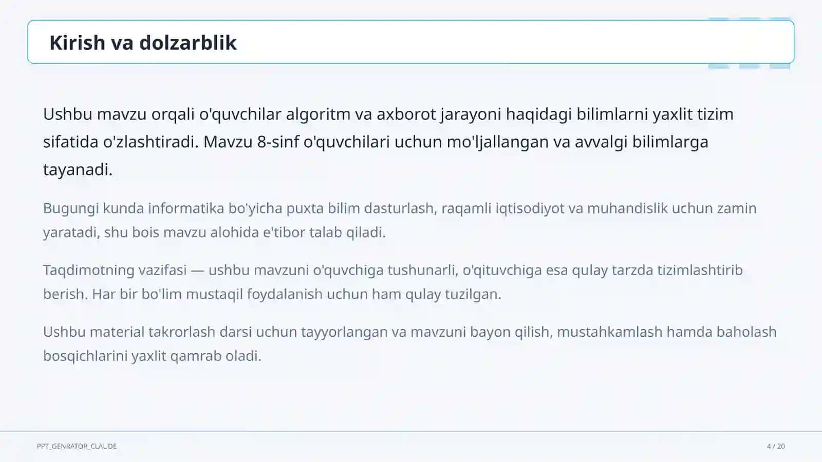 Algoritmlarning turlari: chiziqli, tarmoqlanuvchi, takrorlanuvchi (8-sinf) 4
