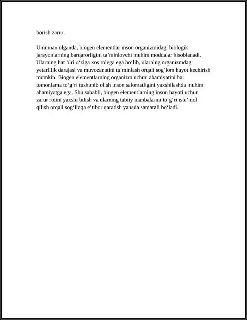 INSON ORGANIZMIDA BIOGEN ELEMENTLARNING BIOLOGIK ROLI MAVZUSIDA MUSTAQIL ISH PDF KORINISHIDA 4