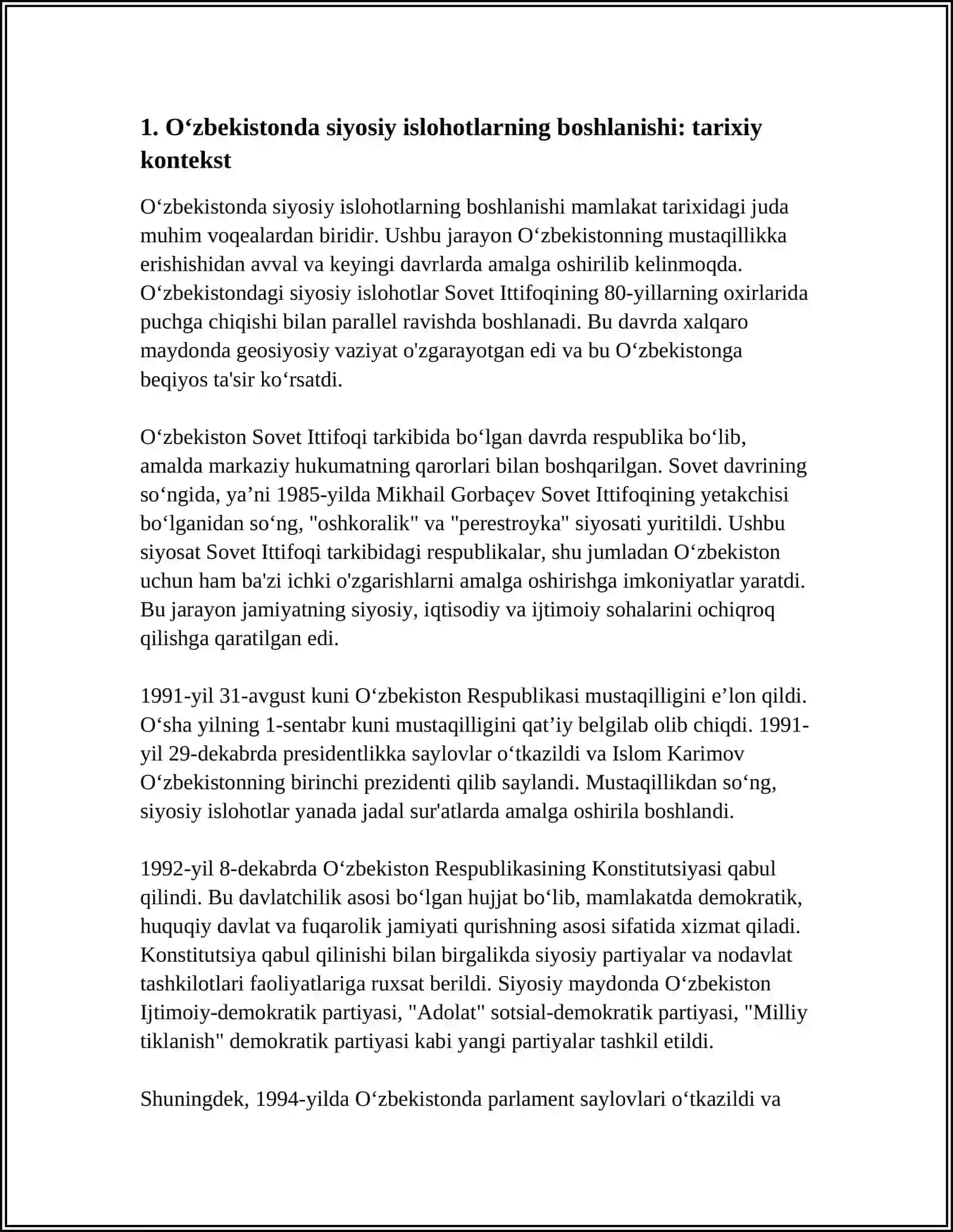 Oʻzbekistonda Siyosiy Islohatlarning Boshlanishi Ga Mustaqil Ish Yozib Ber 11 Bet Bulsin 4