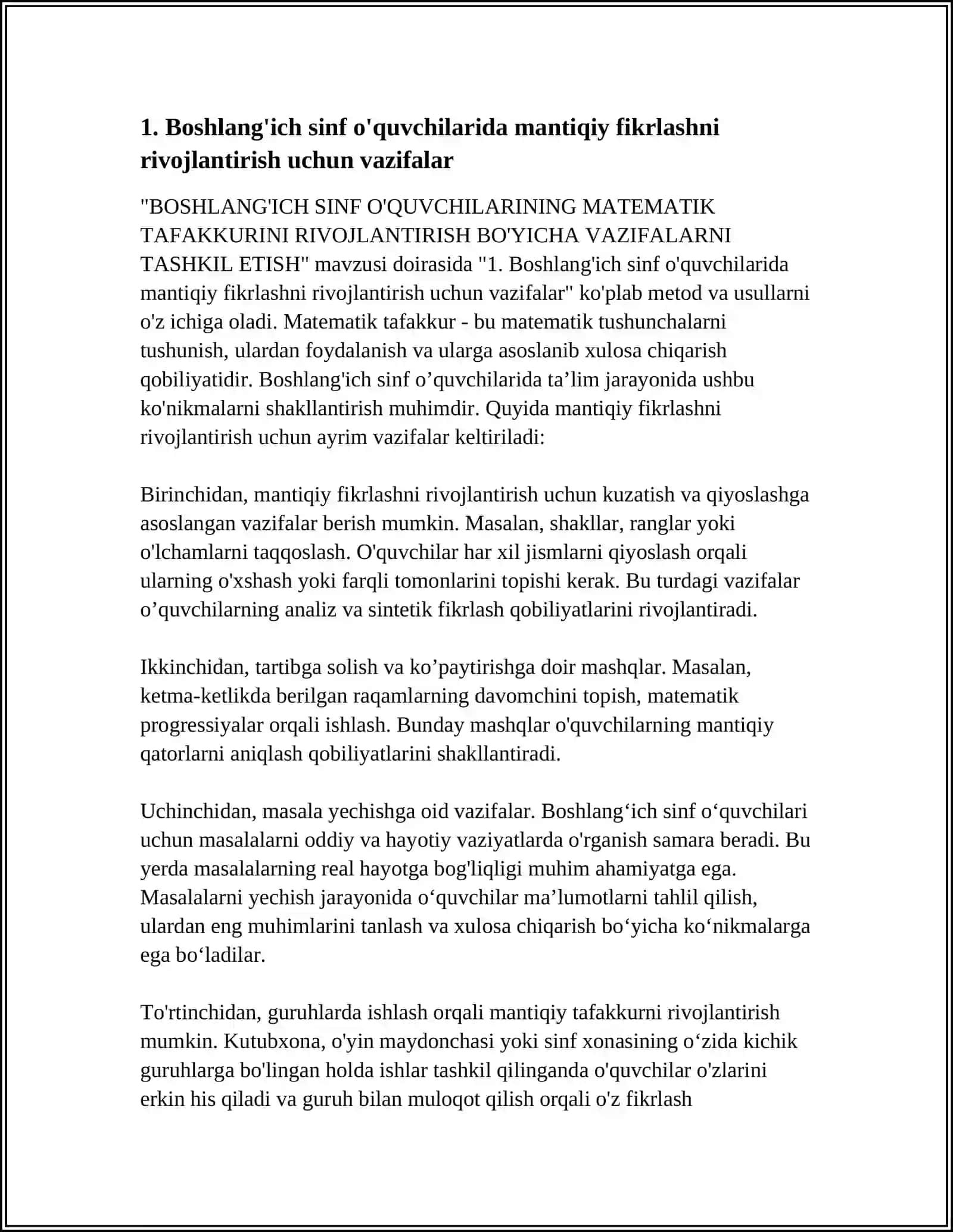 BOSHLANG'ICH SINF O'QUVCHILARINING MATEMATIK TAFAKKURINI RIVOJLANTIRISH BO'YICHA VAZIFALARNI TASHKIL ETISH 4