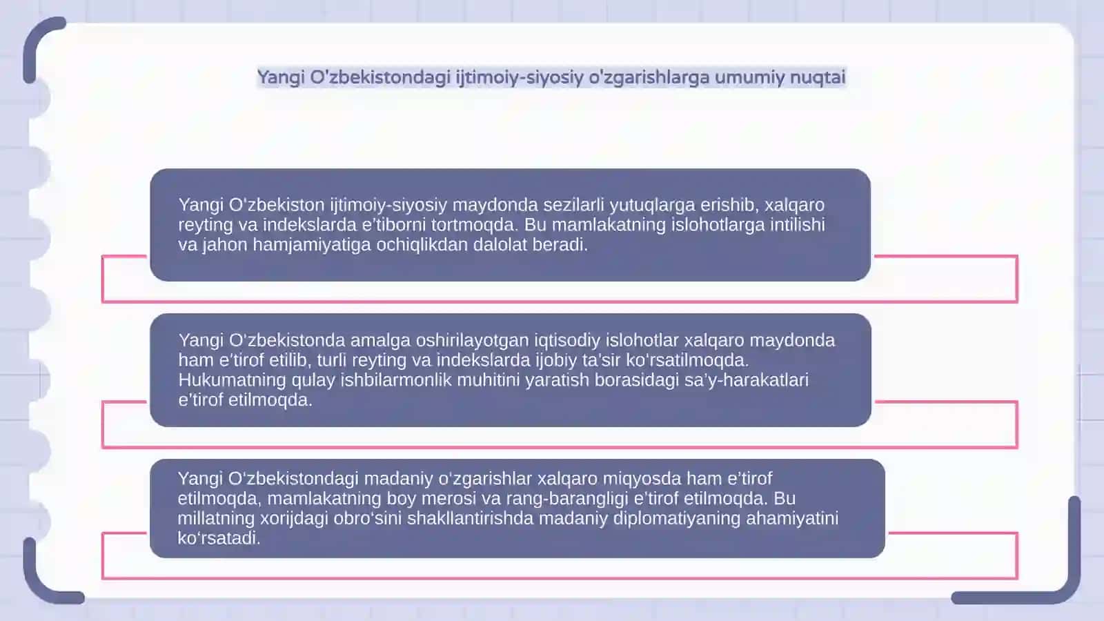 Yangi O‘zbekiston ijtimoiy-siyosiy, iqtisodiy va madaniy hayotidagi oʻzgarishlarning xalqaro reyting va indekslarda aks etishi 4