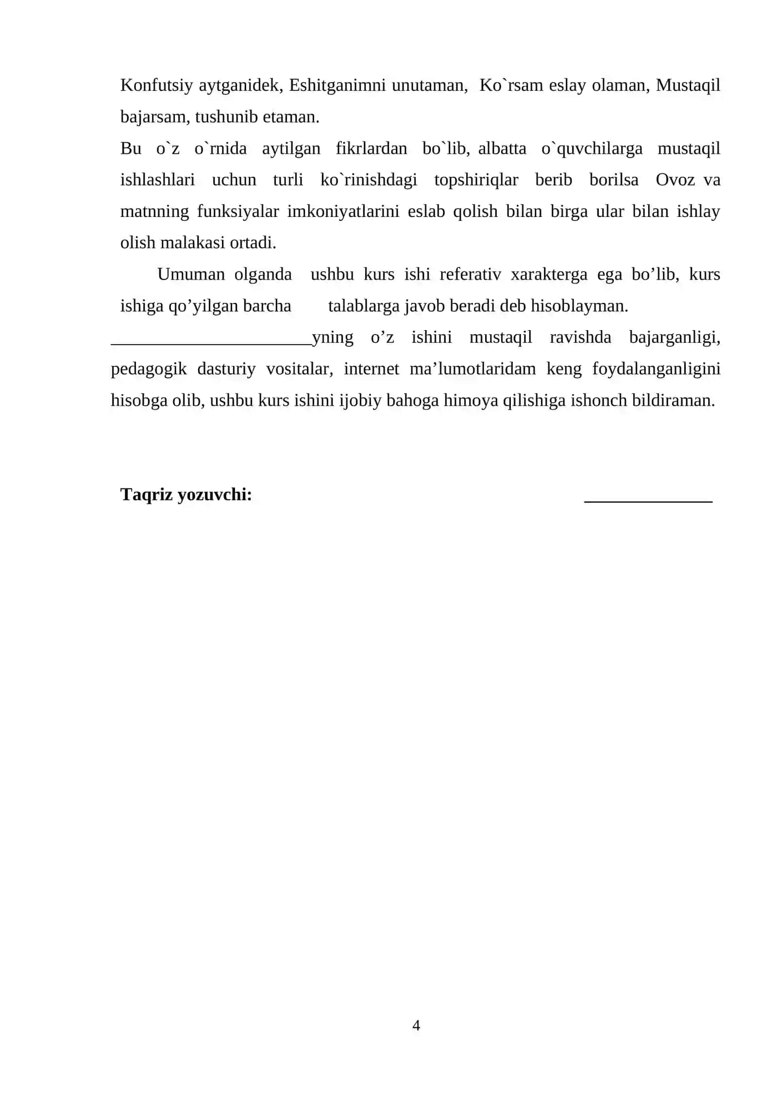 KOMPIYUTERNI BOSHQARUVCHI  DASTURLAR MAVZUSINI O’QITISH METODIKASI KURS ISHI 4