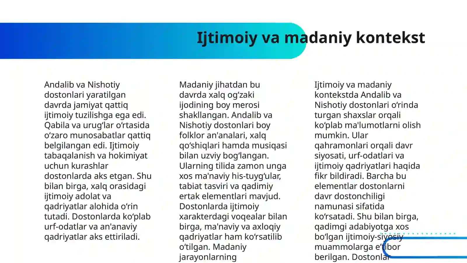 ANDALIB VA NISHOTIY DOSTONLARI MISOLIDA DAVR DOSTONCHILIGI BORASIDA MULOHAZA YURITISH. O'XSHASH VA FARQLI TOMONLARINI TOPISH 4