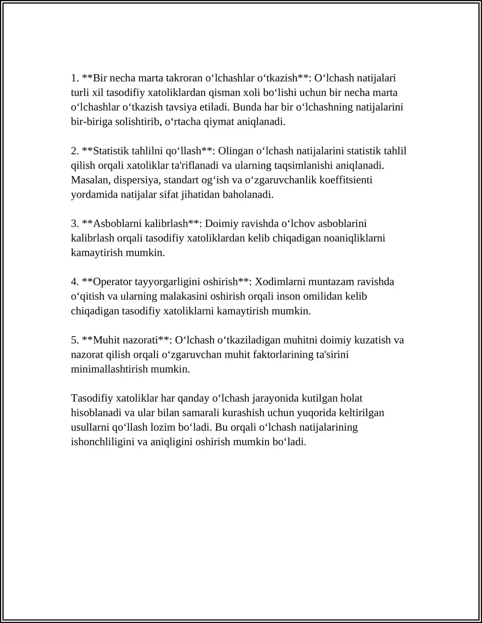 TASODIFIY XATOLIKLAR. O'LCHASH NATIJALARI TAQSIMLANISHINI SIFAT JIHATIDAN BAXOLASH 4