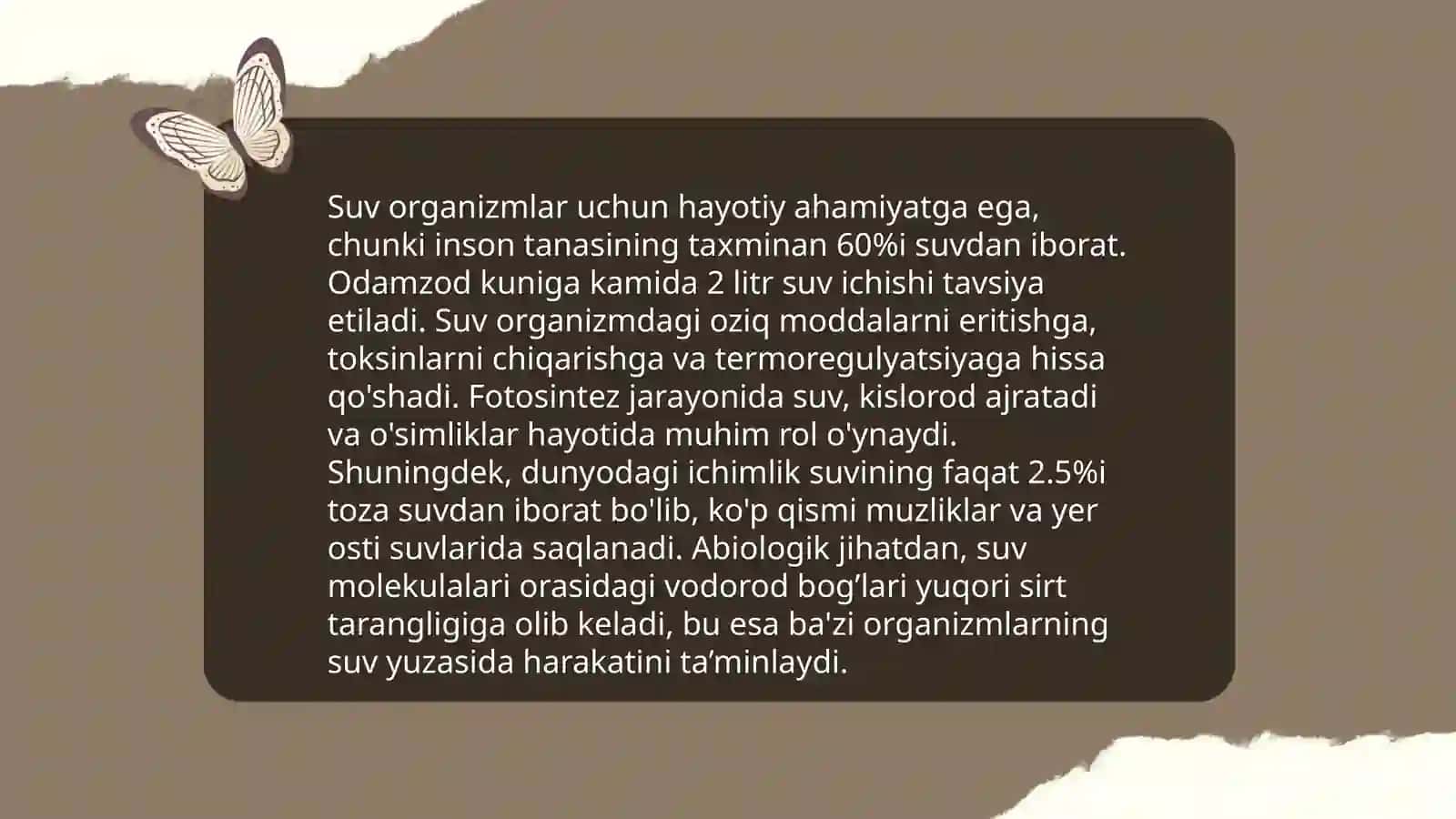 SUV HAQIDA MALUMOT YOZILGAN METOD BIOLOGIYA 4