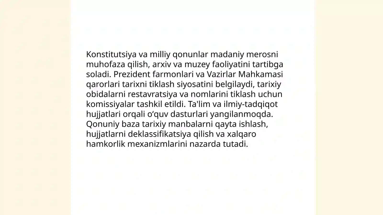 Oʻzbekistonda milliy qadriyatlar va tarixini tiklash borasidagi islohotlar mazmuni 4