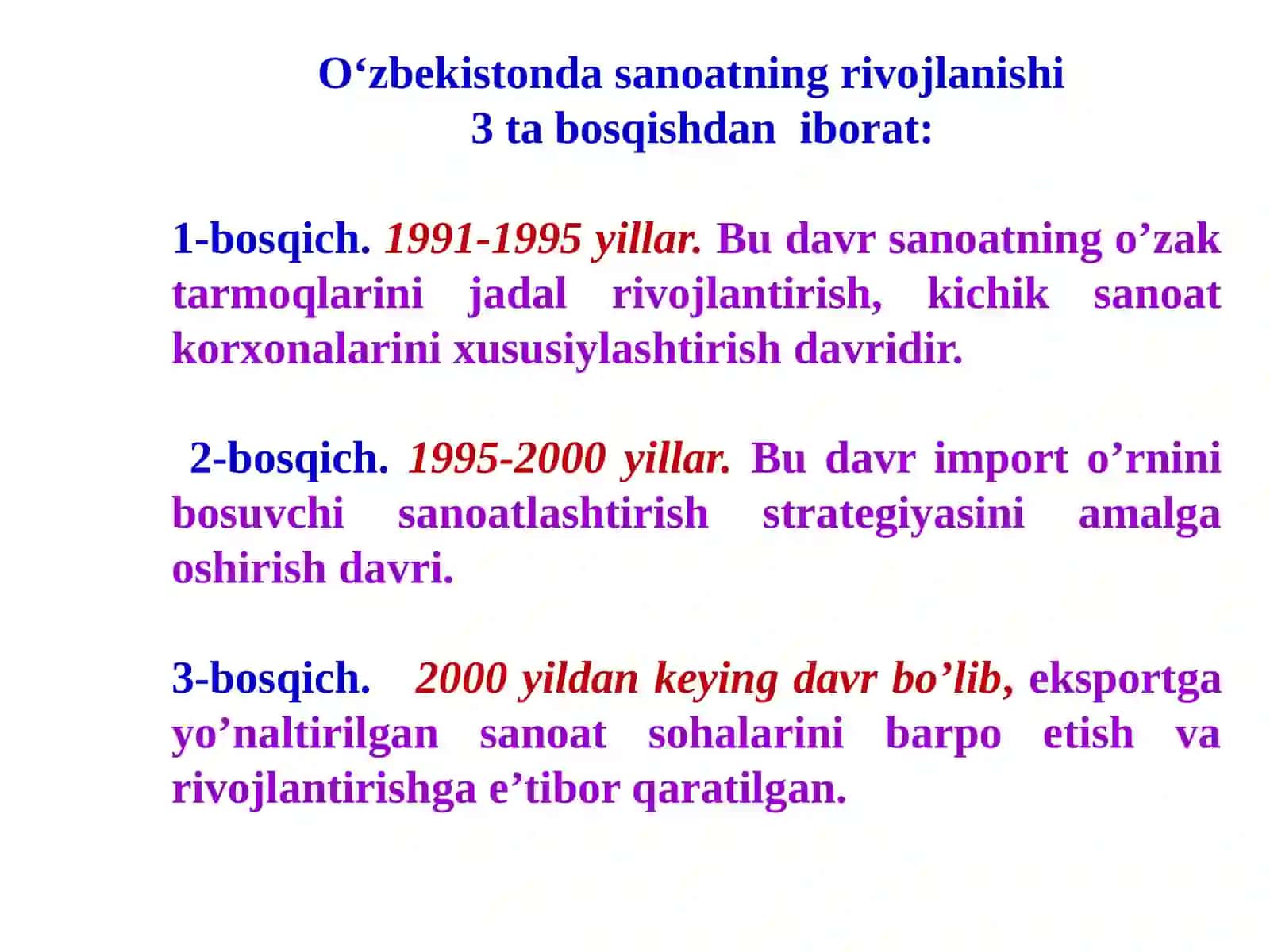 MAMLAKATNIMODERNIZATSIYALASH VA IQTISODIYOTNI DIVIRSIFIKATSIYALASH SHAROITIDA О‘ZBEKISTON MINTAQALARIDA SANOAT TARMOG‘INI RIVOJLANTIRISHNING HUDUDIY JIHATLARI 4