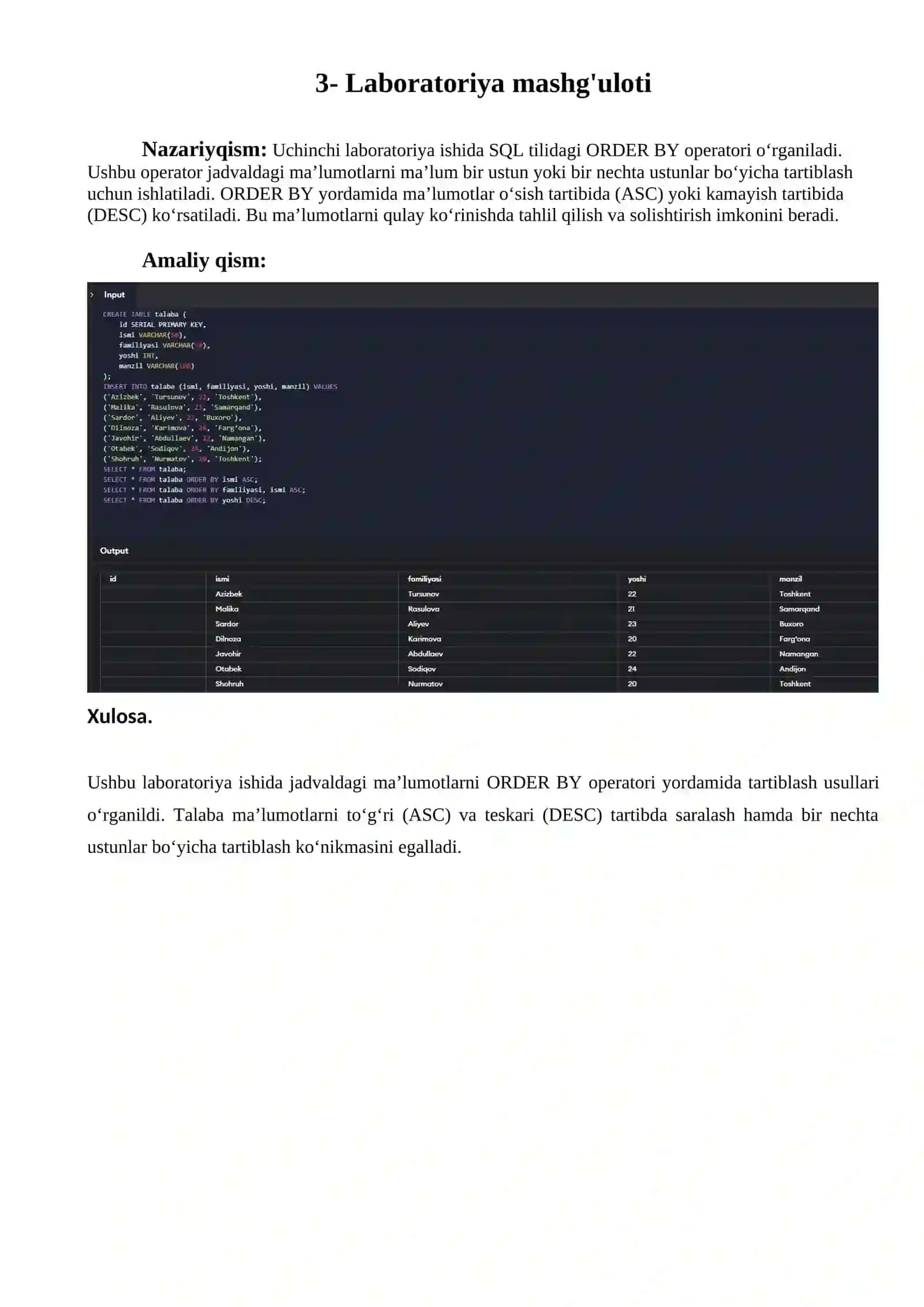 SQL Tilida Ma'lumotlar Bazasi Laboratoriya Mashg'uloti 4