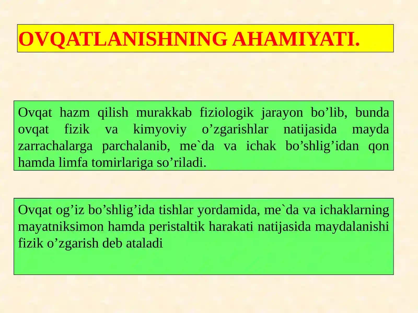 “OVQAT HAZM QILISH A`ZOLARINING TUZILISHI”ODAM ANATOMIYASI FANINING TAQDIMOTI 4