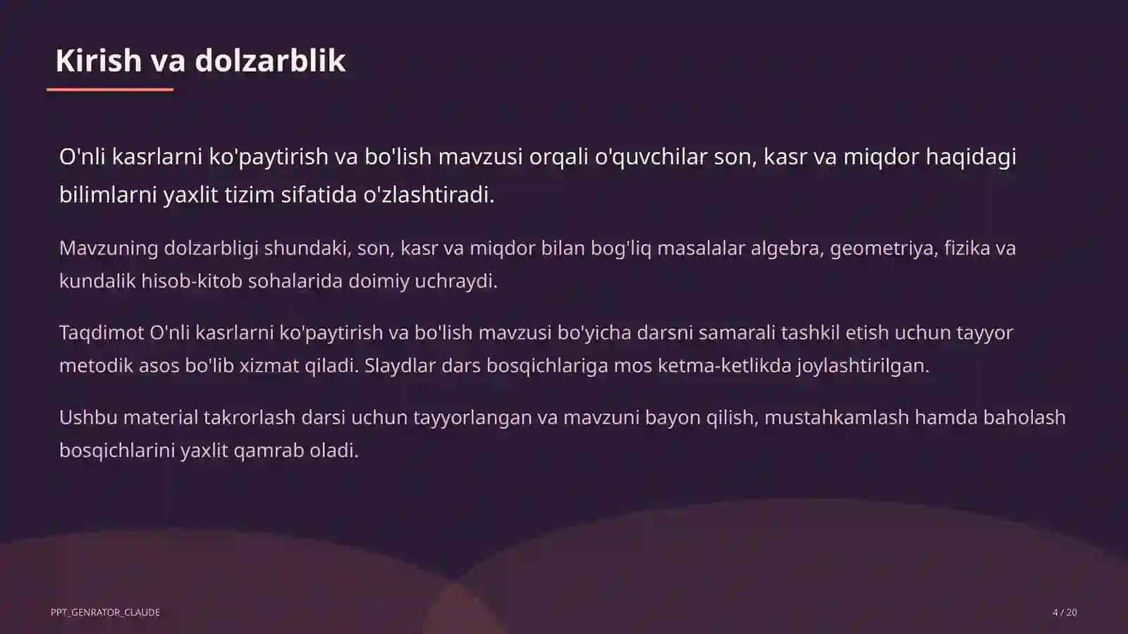 O'nli kasrlarni ko'paytirish va bo'lish (5-sinf) Matematika (5–6) 4