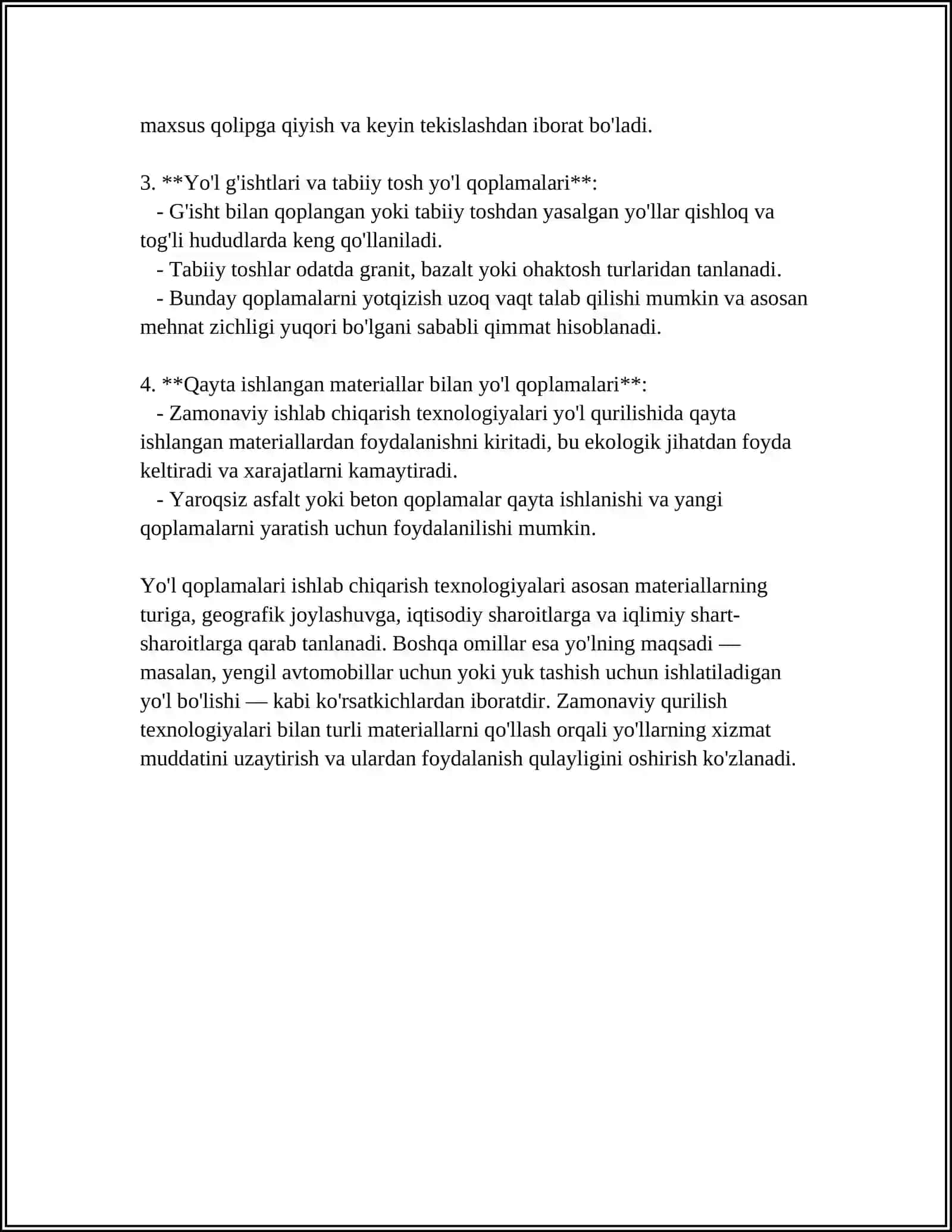 YO’L QOPLAMALARINING BARDOSHLILIGI VA ULARNING UZOQ MUDDATLI ISHLASHIGA TASIRI 4