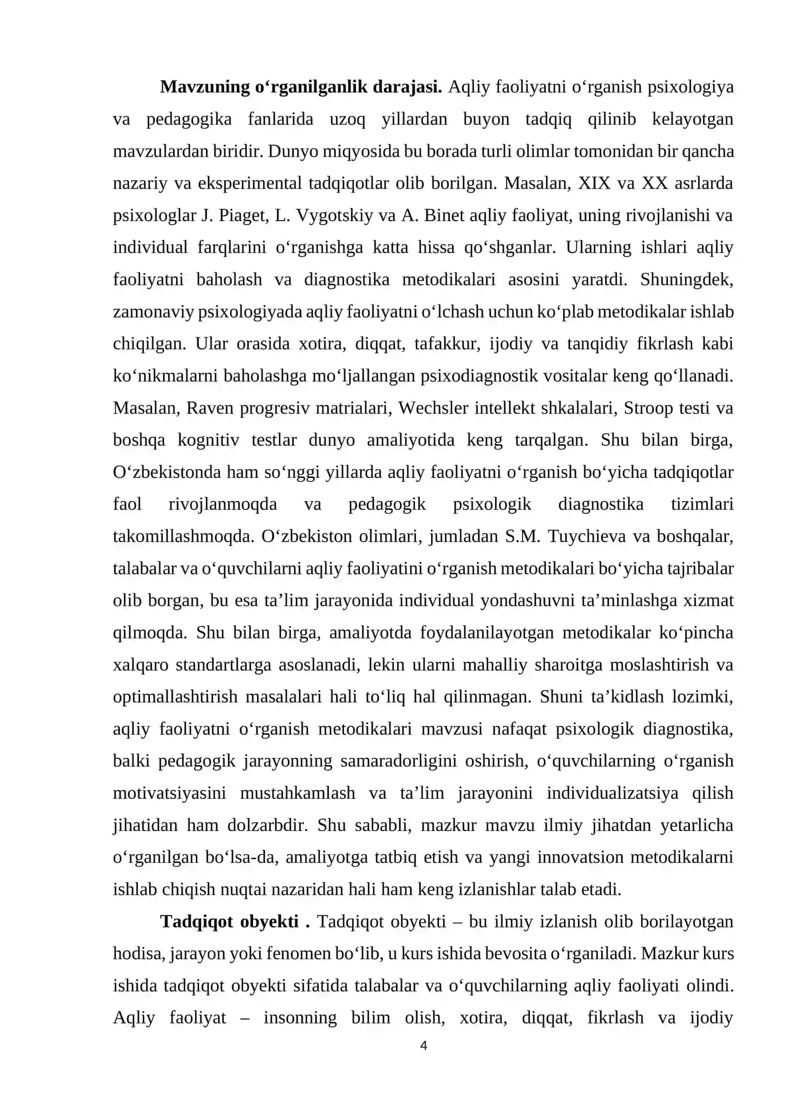 Aqliy faoliyatni o'rganish uchun metodikalar mavzusidagi kurs ishi 4