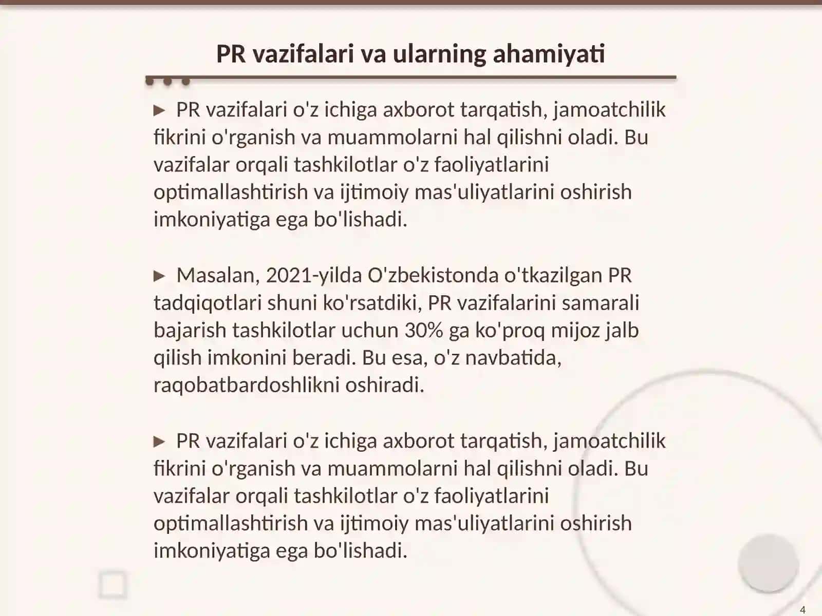 PR faoliyatining maqsadlari, vazifalari va prinsiplari 4