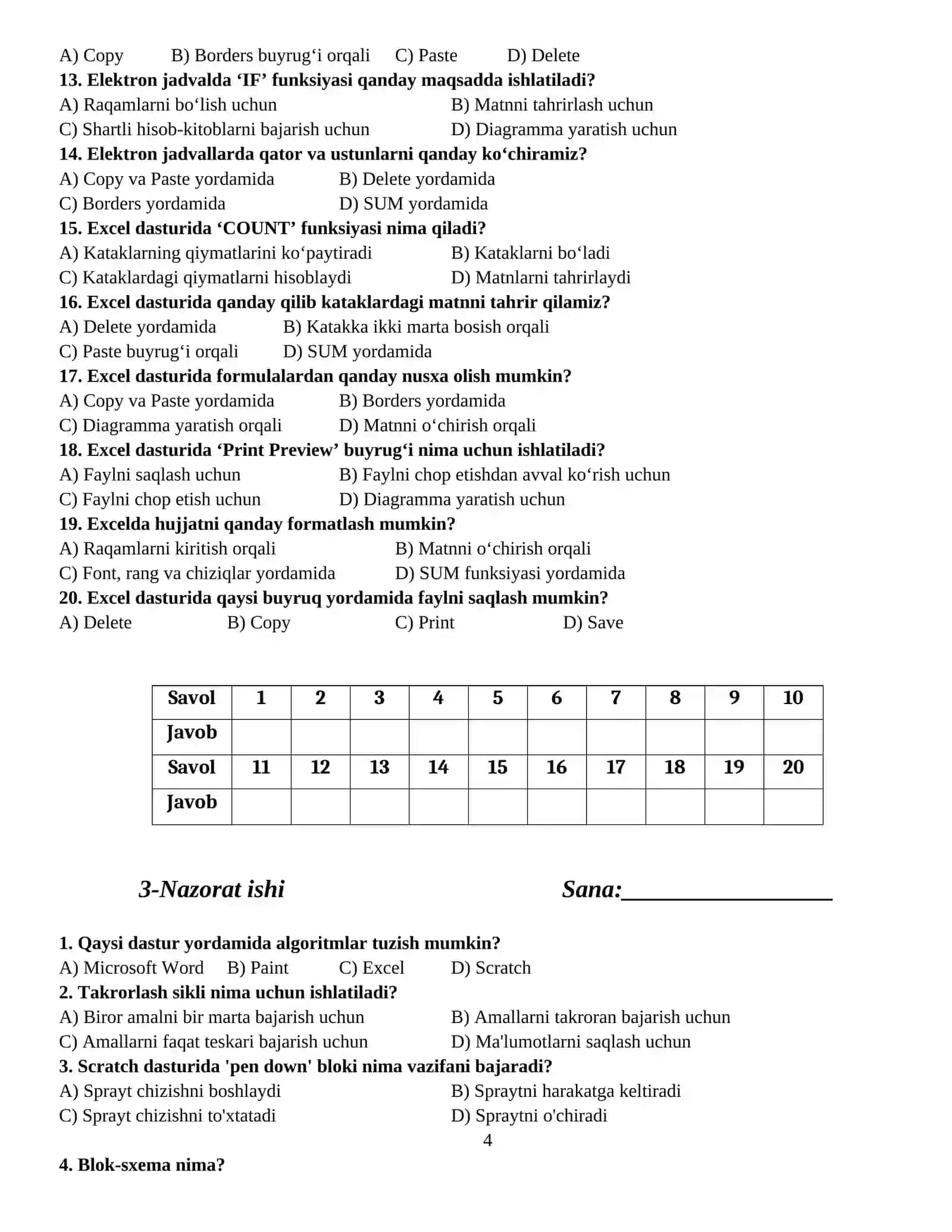 Informatika fanidan nazorat ishlari 4