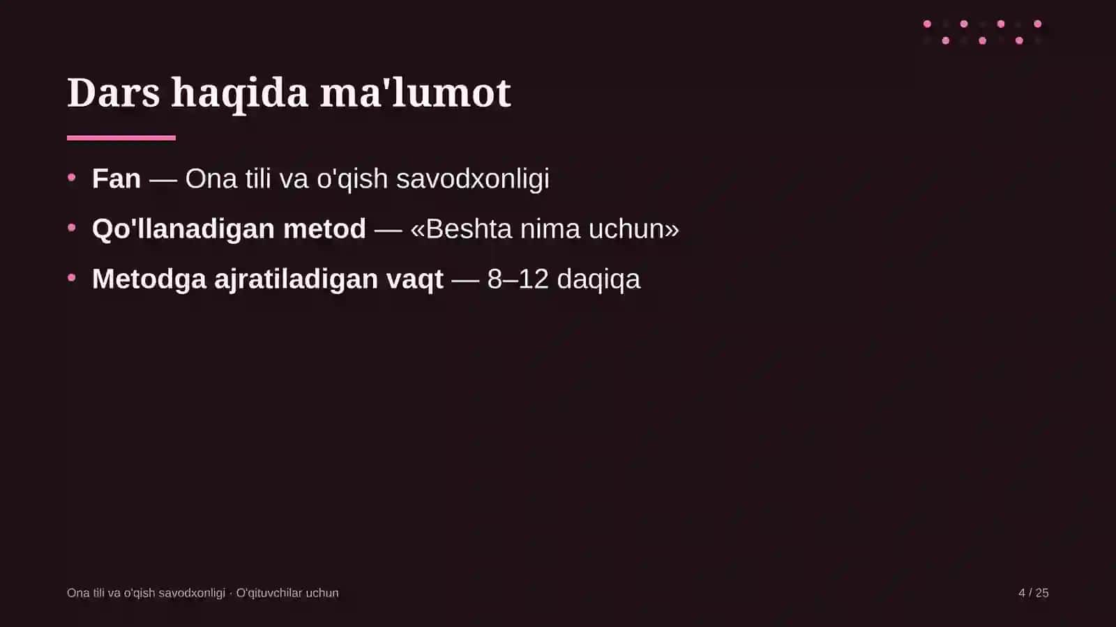 ona tili va o'qish savodxonligi darslarida beshta nima uchun metodidan foydalanish 8681 4