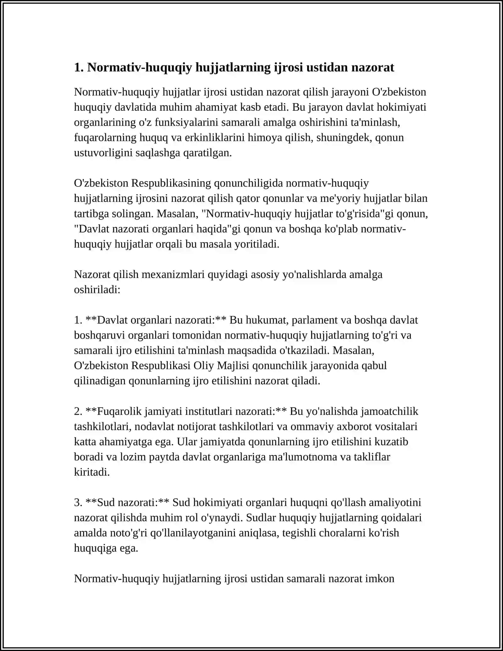 O'ZBEKISTON RESPUBLIKASINING IJRO ETUVCHI HOKIMIYATI (VAZIRLIKLAR VA BOSHQA BOSHQARUV ORGANLARI) TOMONIDAN QABUL QILINADIGAN MA'MURIY QARORLAR USTIDAN NAZORAT MEXANIZMLARINI O’RGANING 4