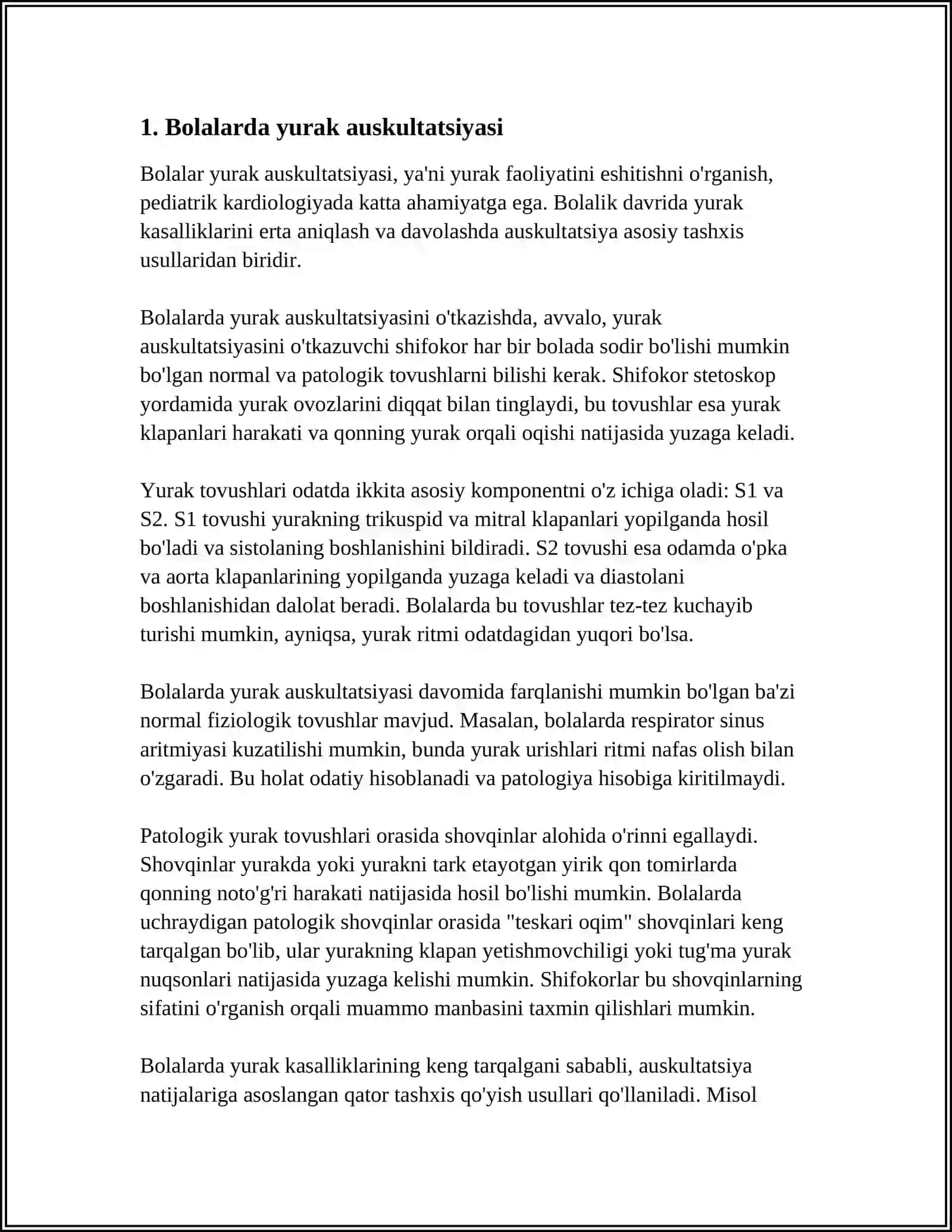 BOLALARDA YURAK AUSKULTATSIYASI. AUSKULTATSIYA TARTIBI. SOGʻLOM ODAMDA NORMAL TONLARNI XARAKTERISTIKASI 4