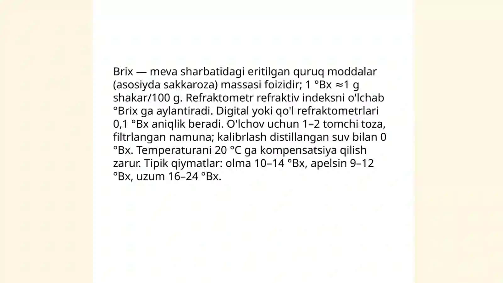 Refraktometriya, polyarametriya, fluorometriya, spektroskopiya ultra binafsha va kurish sohalari, infraqizil yutilish spektroskopiya usullari bilan oziq-ovqat mahsulotlarini sifatini aniqlash. 4