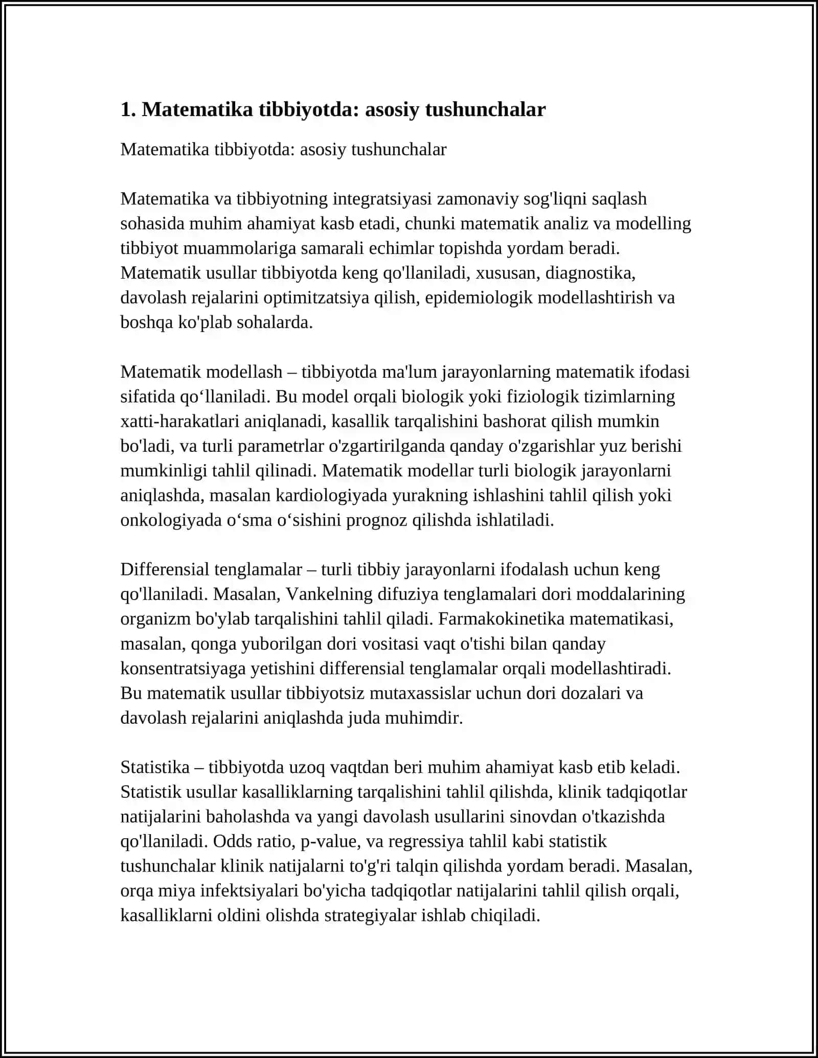 TIBBIYOTDA MATEMATIK MODELLASHTIRISH USLUBLARINI O’RGANISH. FIZIK MA MATEMATIK MODELLASHTIRISH, OLINGAN NATIJALAR ASOSIDA PROGNOZ QILISH 4