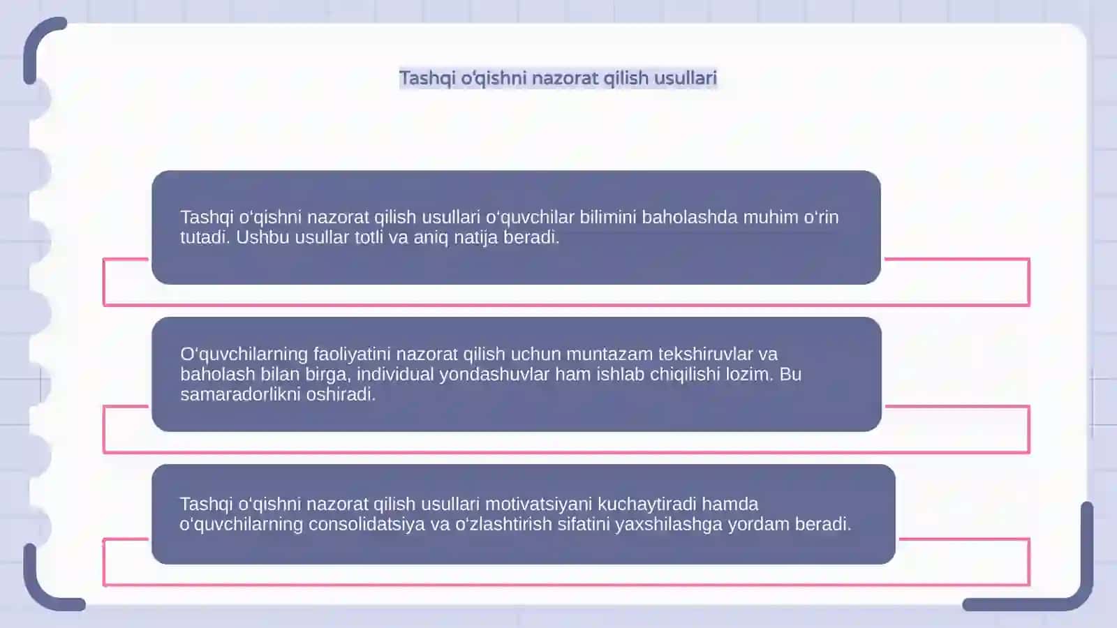 Sinfdan tashqari o‘qish bo‘yicha o‘quvchilar bilimini, faoliyatini nazorat qilish yo‘llarini ishlab chiqish 4