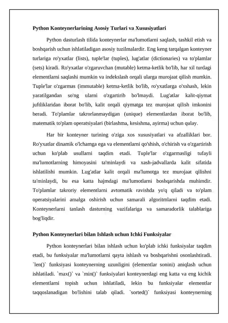 Pythonda konteyner (royxat, toplam, lug`t) lar ular bilan ishlaydigan tayyor funktsiyalar 4