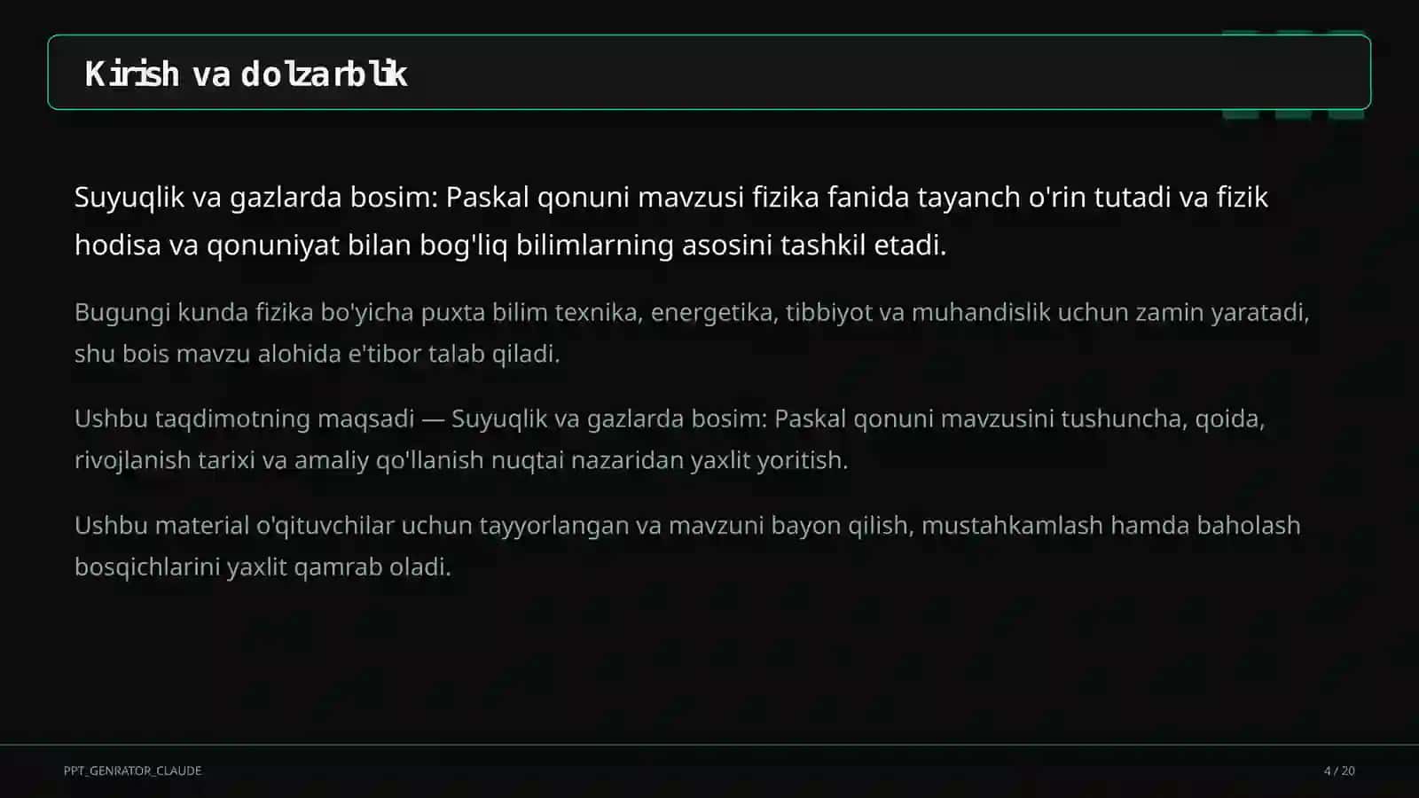 Suyuqlik va gazlarda bosim: Paskal qonuni (7-sinf) 4