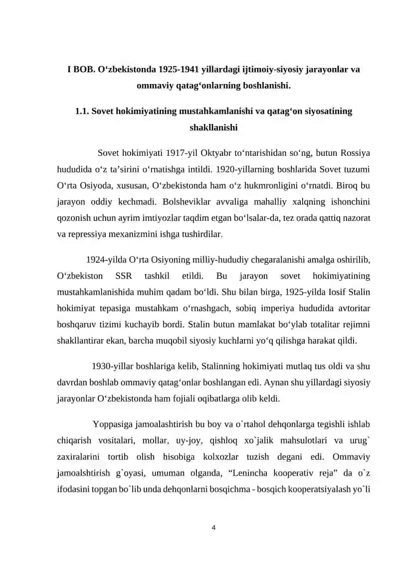 O'zbekiston 1925-1941 yillardagi ijtimoiy – siyosiy hayotida ommaviy qatag'onlar 4
