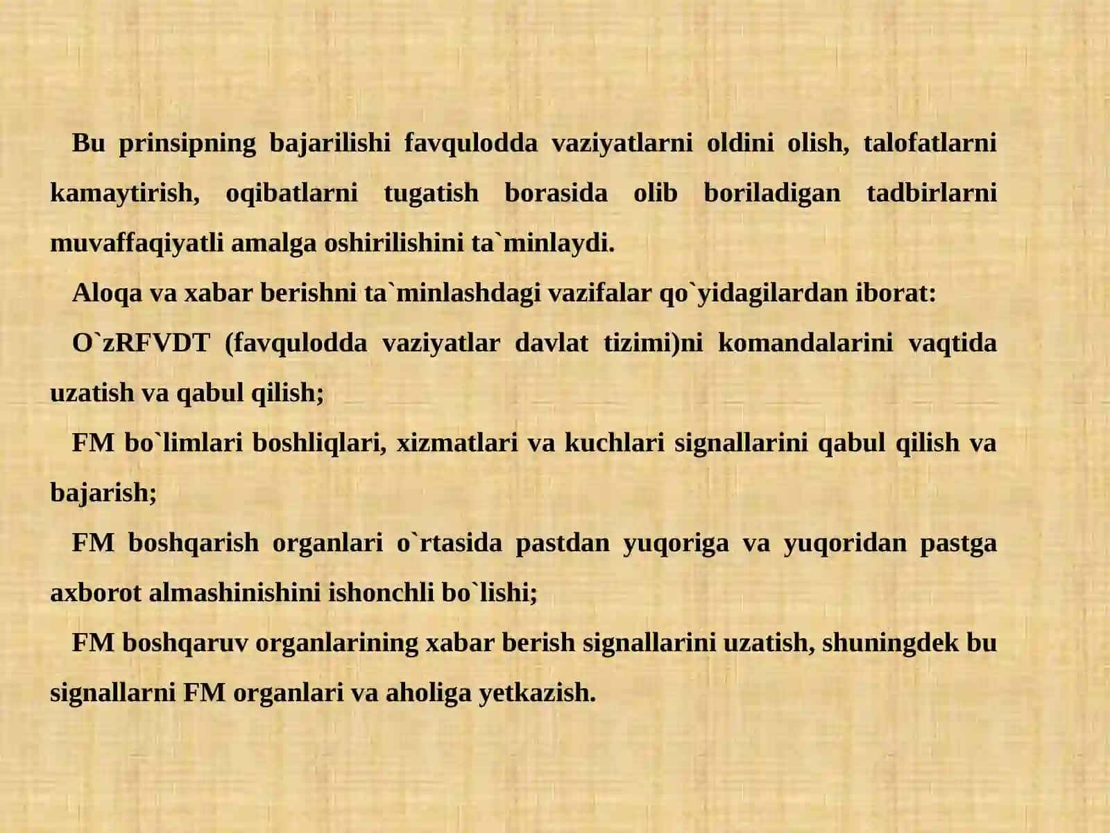 Fovqulodda vaziyatlar xavfli tug'ilganda va sodir bo'lganda aholiga xabar berish va ularni xavfli hududlarda xavfsiz hududlarga ko'chirishni tashkillashtirish 4