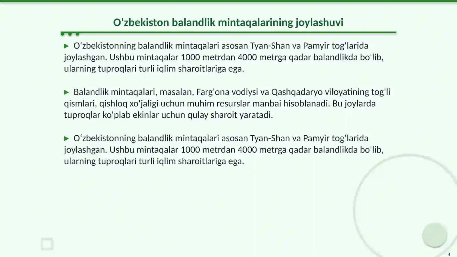 Oʻzbekistonning balandlik mintaqasi tuproqlari joylashuvi geografiyasi 4