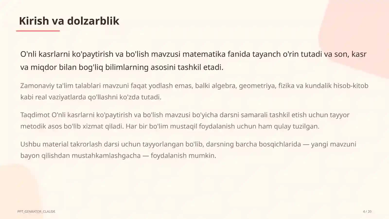 O'nli kasrlarni ko'paytirish va bo'lish (5-sinf) 4