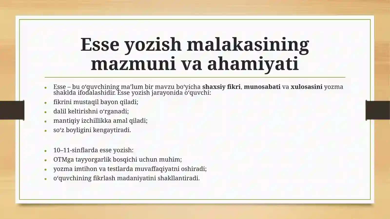10-11-sinf oquvchilarining esse yozish malakasini rivoshlantirishga oid metod va tavsiyalar ishlab chiqing 4