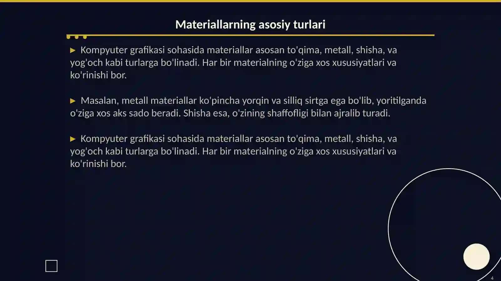 Material va teksturalar yordamida realistik yaratish kampyuter grafikasi fanidan 4