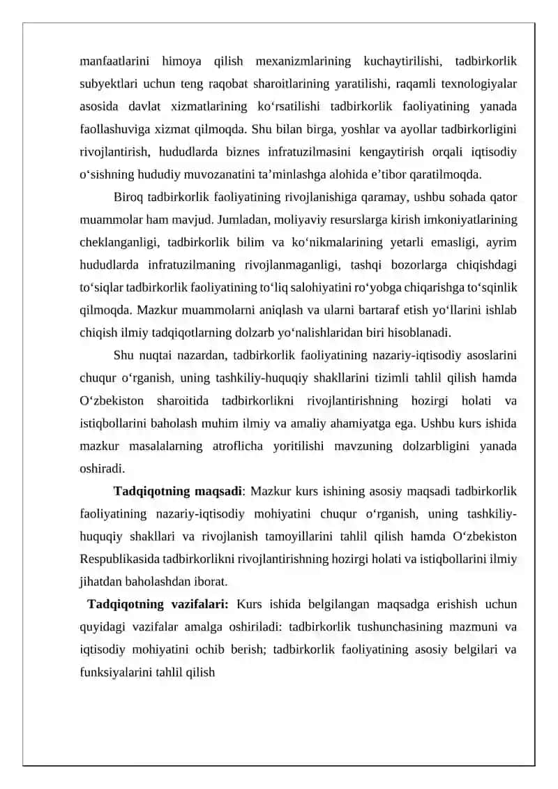 - Tags (comma-separated): Tadbirkorlik, Iqtisodiyot nazariyasi, Milliy iqtisodiyot, Kichik biznes, Xususiy tadbirkorlik, Tashkiliy-huquqiy shakllar 4
