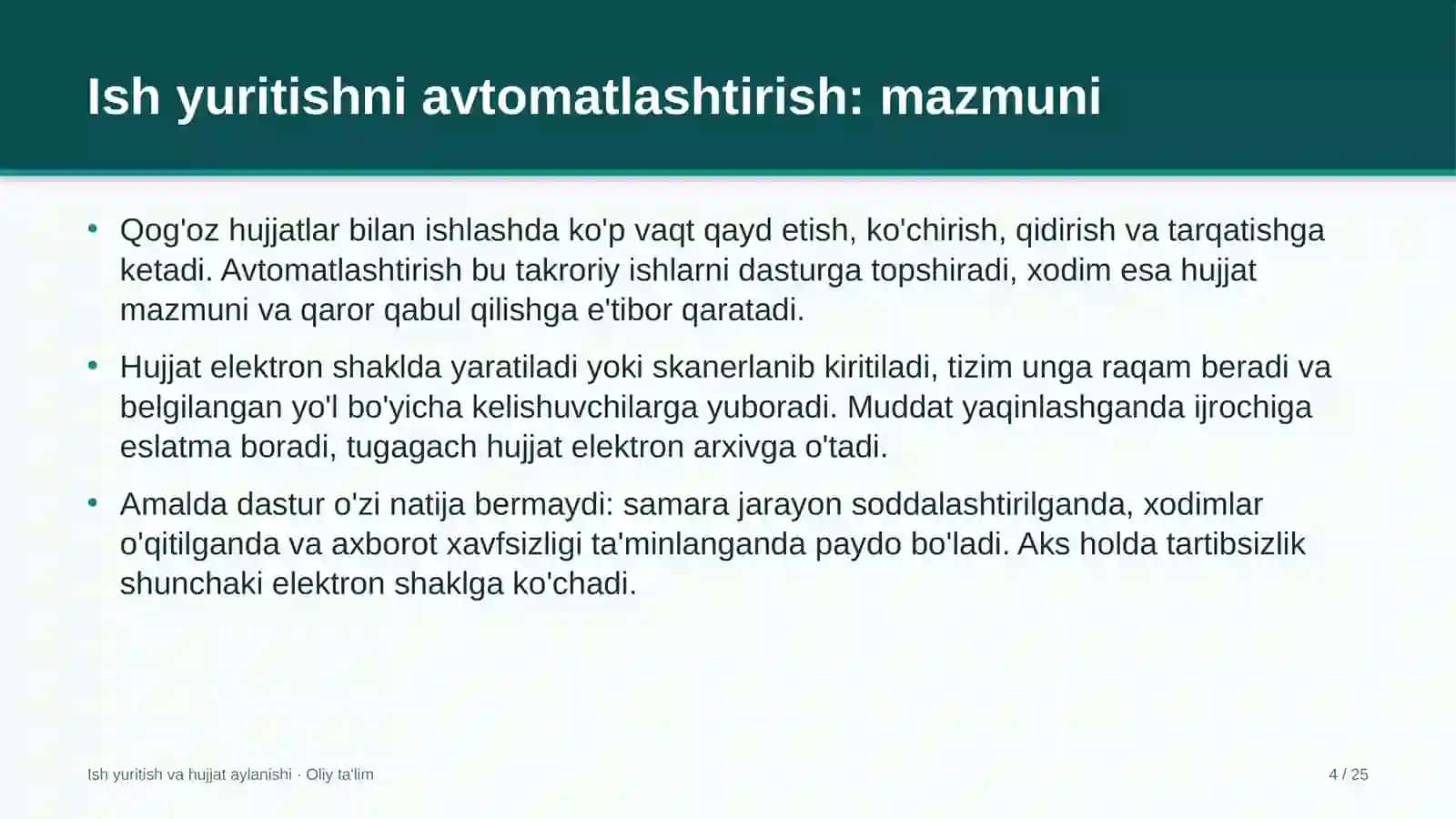 Ish yuritish va hujjat aylanishi · Oliy ta'lim 4