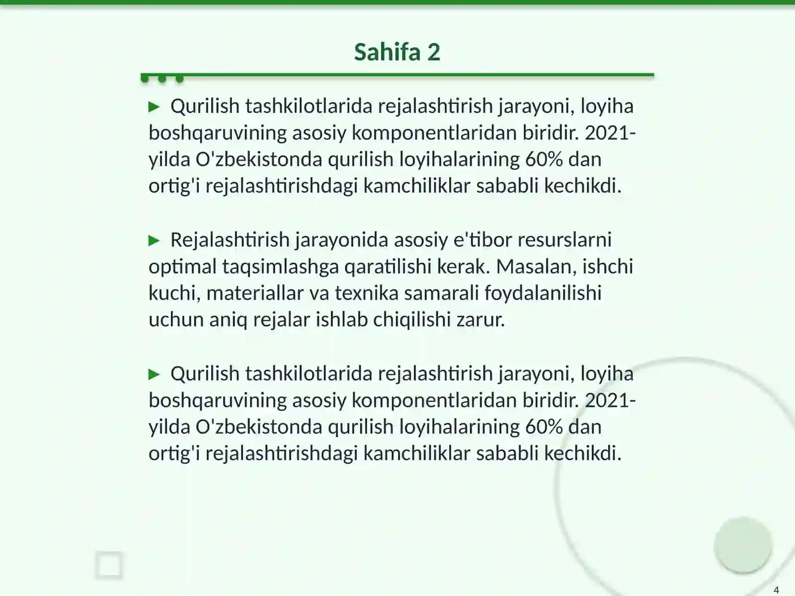 Qurilish tashkilotida ishlab chiqarish xoʻjalik faoliyatini rejalashtirish 4