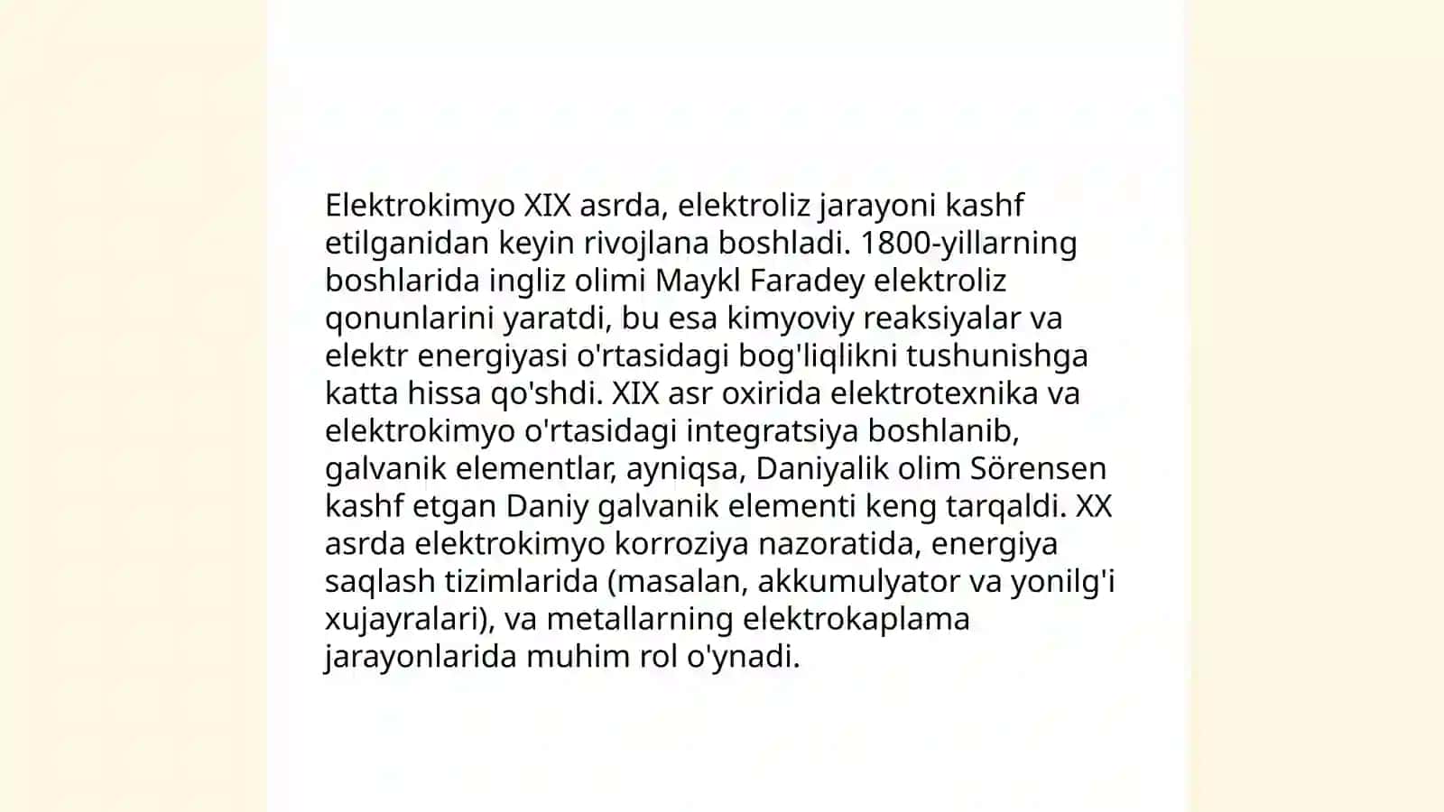 Elektro kimyo fani va uning mohiyati,rivojlanishi.O'zbekistonda elektrokimyo boʻyicha qilinadigan ishlar 4